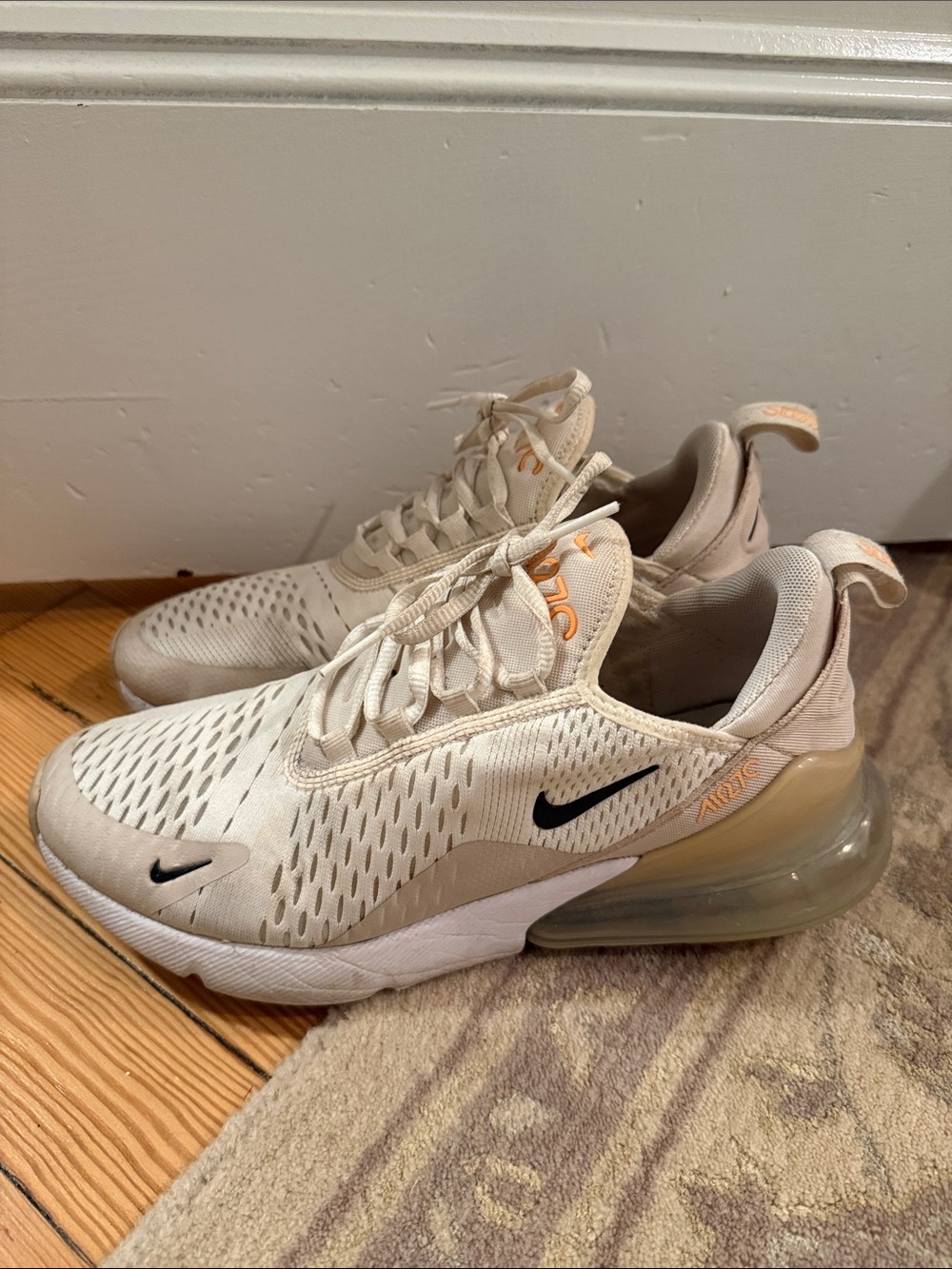 Nike Womens Air Max 270 Sneakers - Cream with Black & Orange Accents